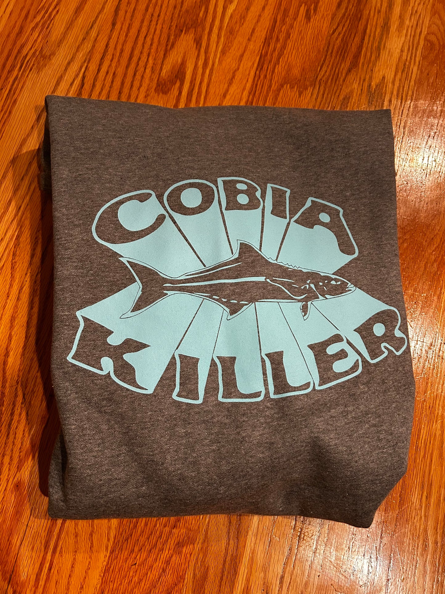 Heather Grey Hoodie with Teal Cobia Killer Logo
